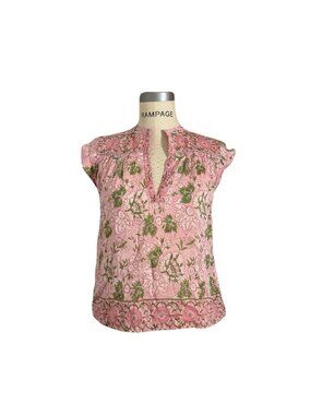 Alicia Bell women's pink floral print short sleeve silk/cotton blouse top sz S